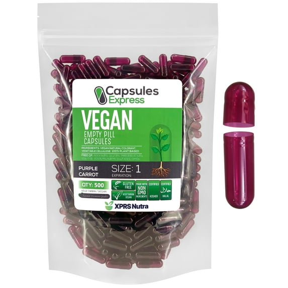 XPRS Nutra Size 1 Purple Carrot Empty Vegan Capsules - Vegetarian/Vegetable Pill Capsule - DIY Powder Filling- Veggie Pill Capsules Empty Caps Pills (500)