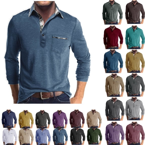 Men's Henley Shirts Long Sleeve Button T-Shirt Pocket Casual Solid Cotton Blend Drop Cut Collared Shirts,Fashion Shirts Long Sleeve Button Cotton T-Shirt with Pocket,Blue,S
