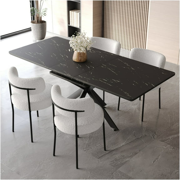 JERFIT Expandable Dining Table Set for 8 with Upholstered Chairs, Black White Modern Kitchen Table for Dining Room