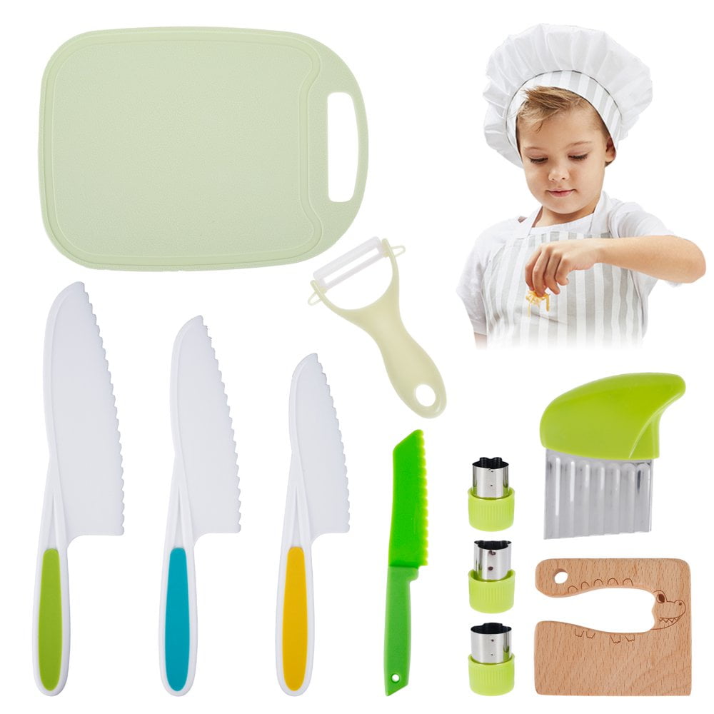 PENGXIANG 11 Pieces Toddler Knife Set with Cutting Board Portable Plastic Kitchen Knife Set Reusable Wooden Kids Knife for Cooking