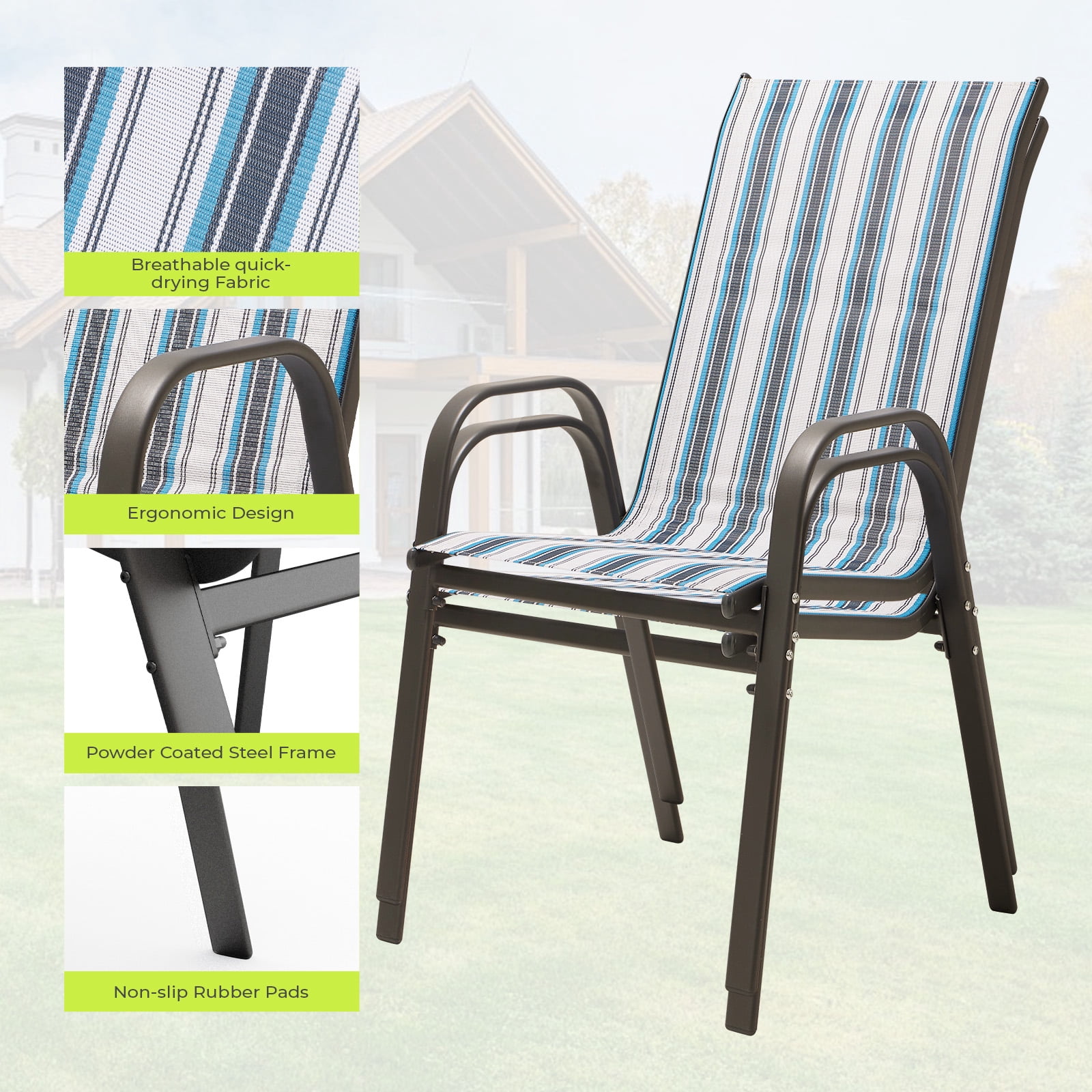 FUNDAZE Outdoor Dining Chairs Set of 4, Patio Dining Chair Stackable Armrest Patio Chairs Space Saving for Garden Backyard Deck, Blue Stripe