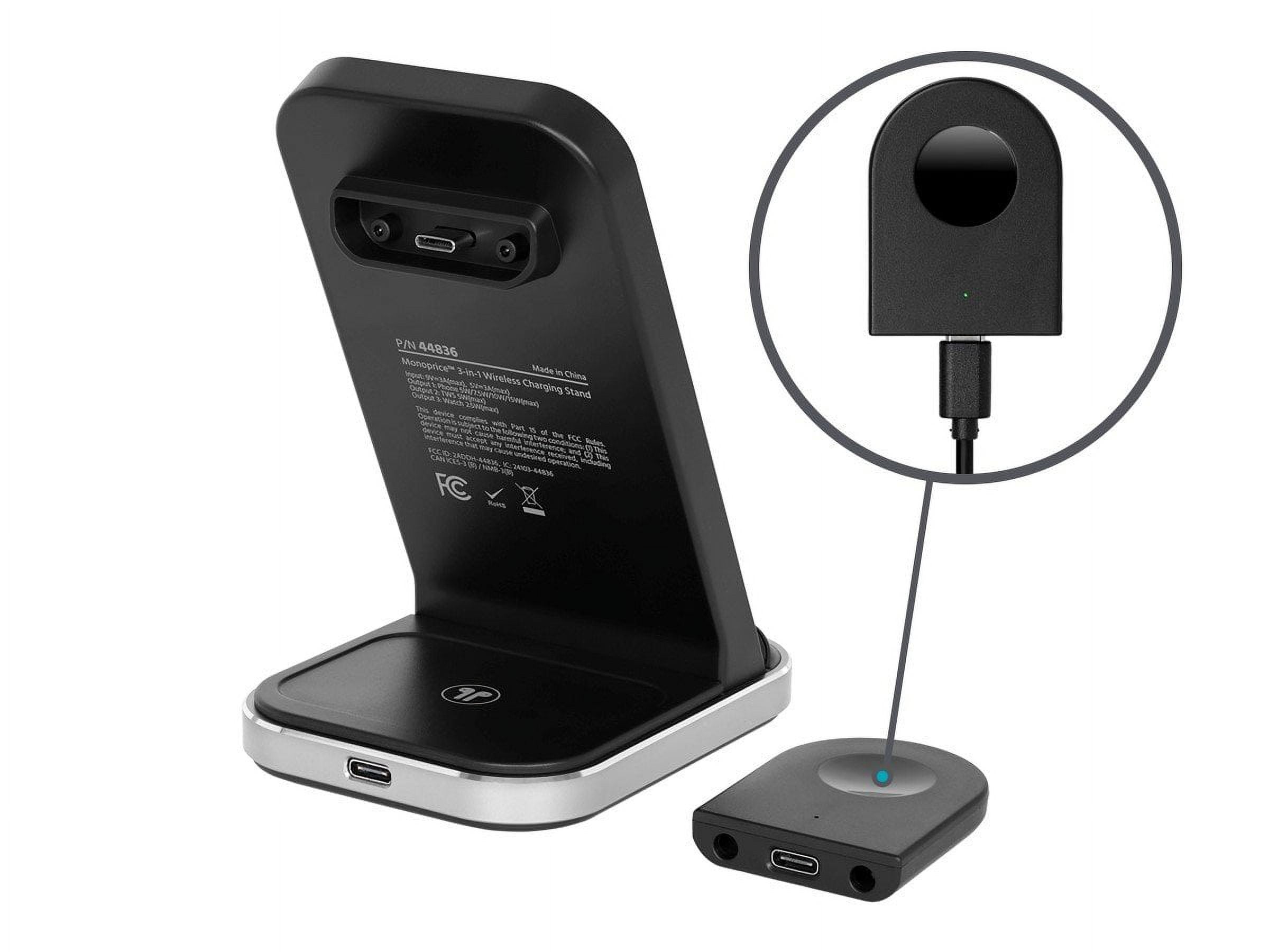 Monoprice 3‑in‑1 Wireless Charging Station for iPhone, Apple Watch, AirPods, Bundled with Quick Charge 3.0 Wall Charger, Fast Charging, Triple Sense LED Indicator, Detachable Watch Charger