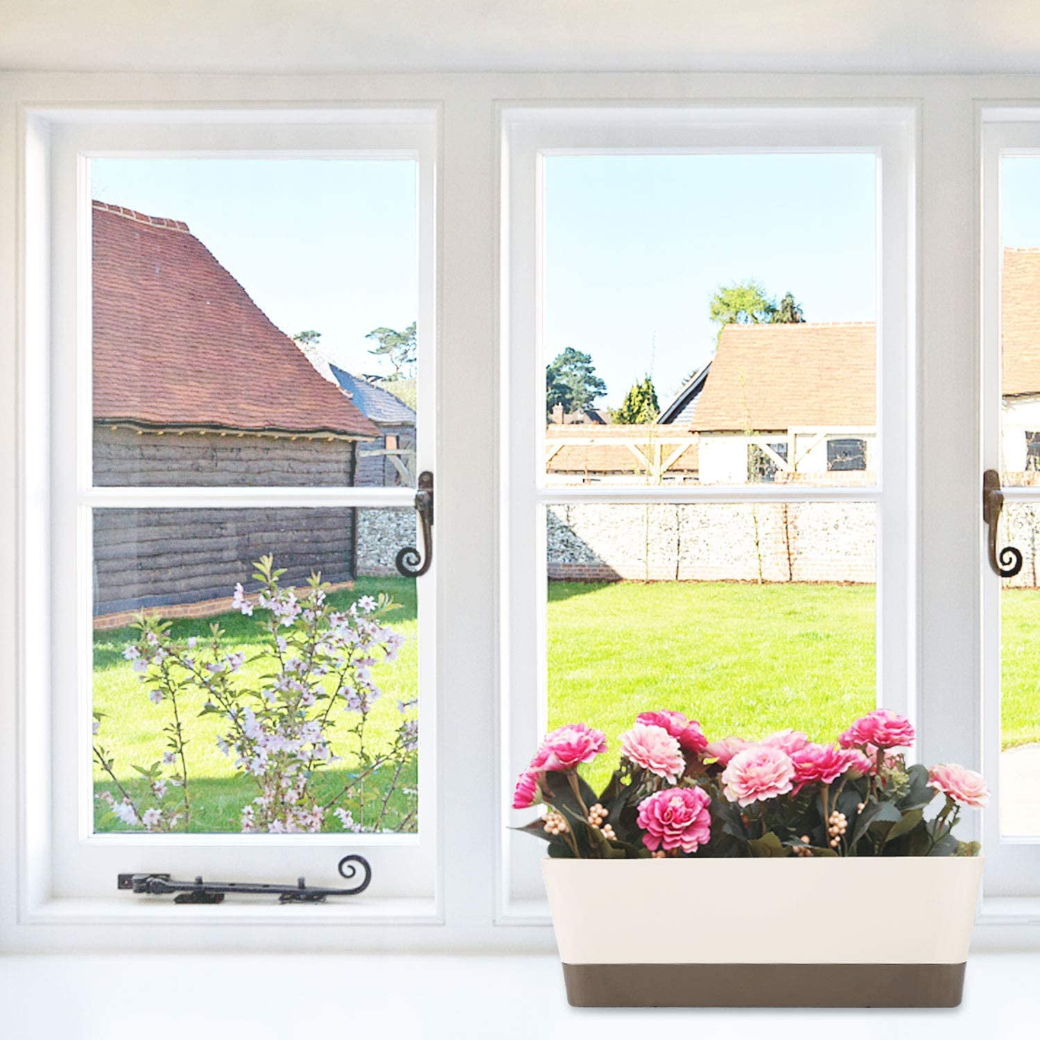 GIXUSIL Window Box Planter, 3 Pack 12x3.8 Inch Rec Herb Planter with Tray, Modern Indoor Small Succulent Cactus Plastic Plant Pot for Windowsill, Garden Balcony, Home Office Outdoor Decoration