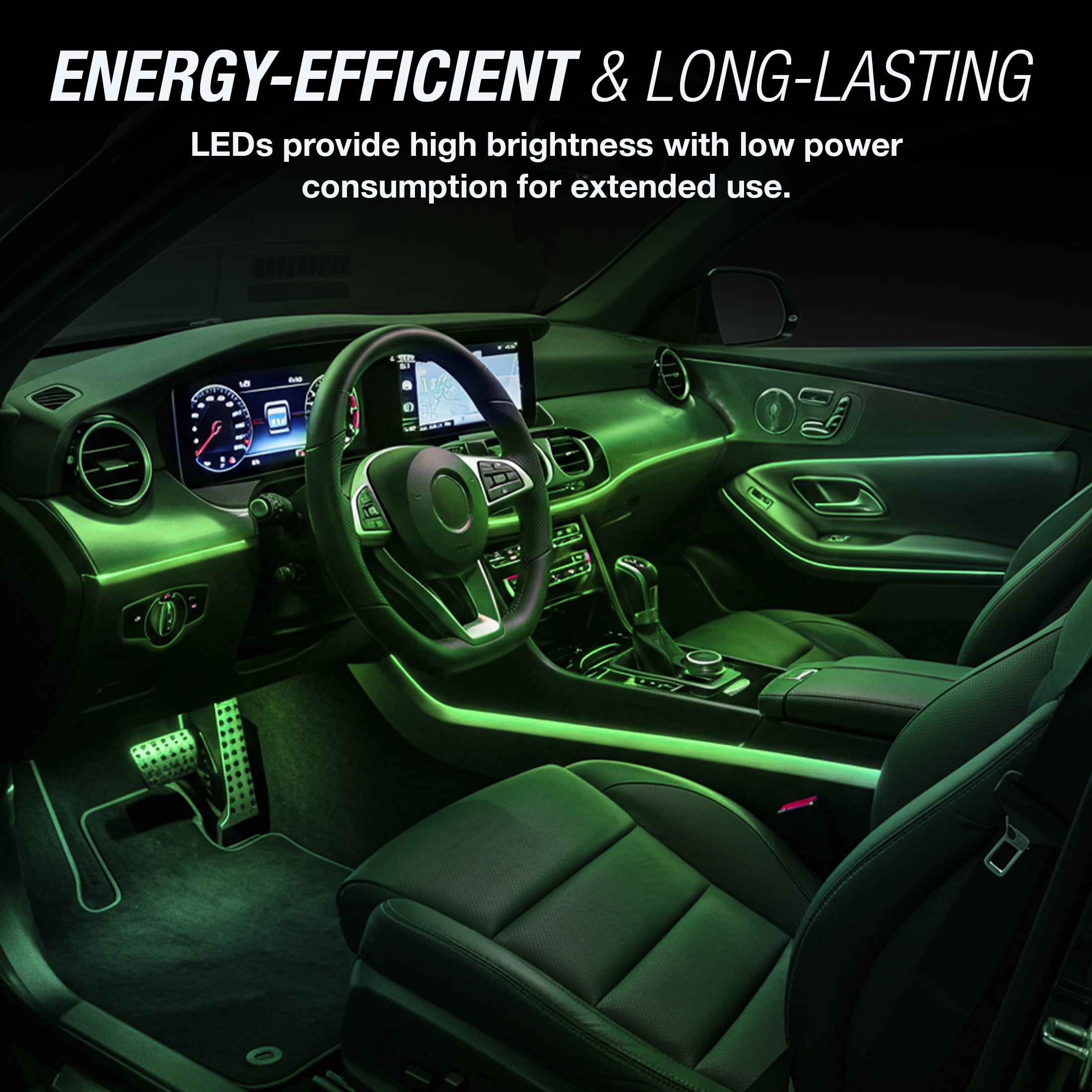 (2 pack) TYPE S - Infinite Glow Green LED Ambient Lighting - Car LED Strip Lights, Light Sync Technology, 3M Adhesive, Trimmable, 12V, 2 x 12" Green Strips, 24 inches