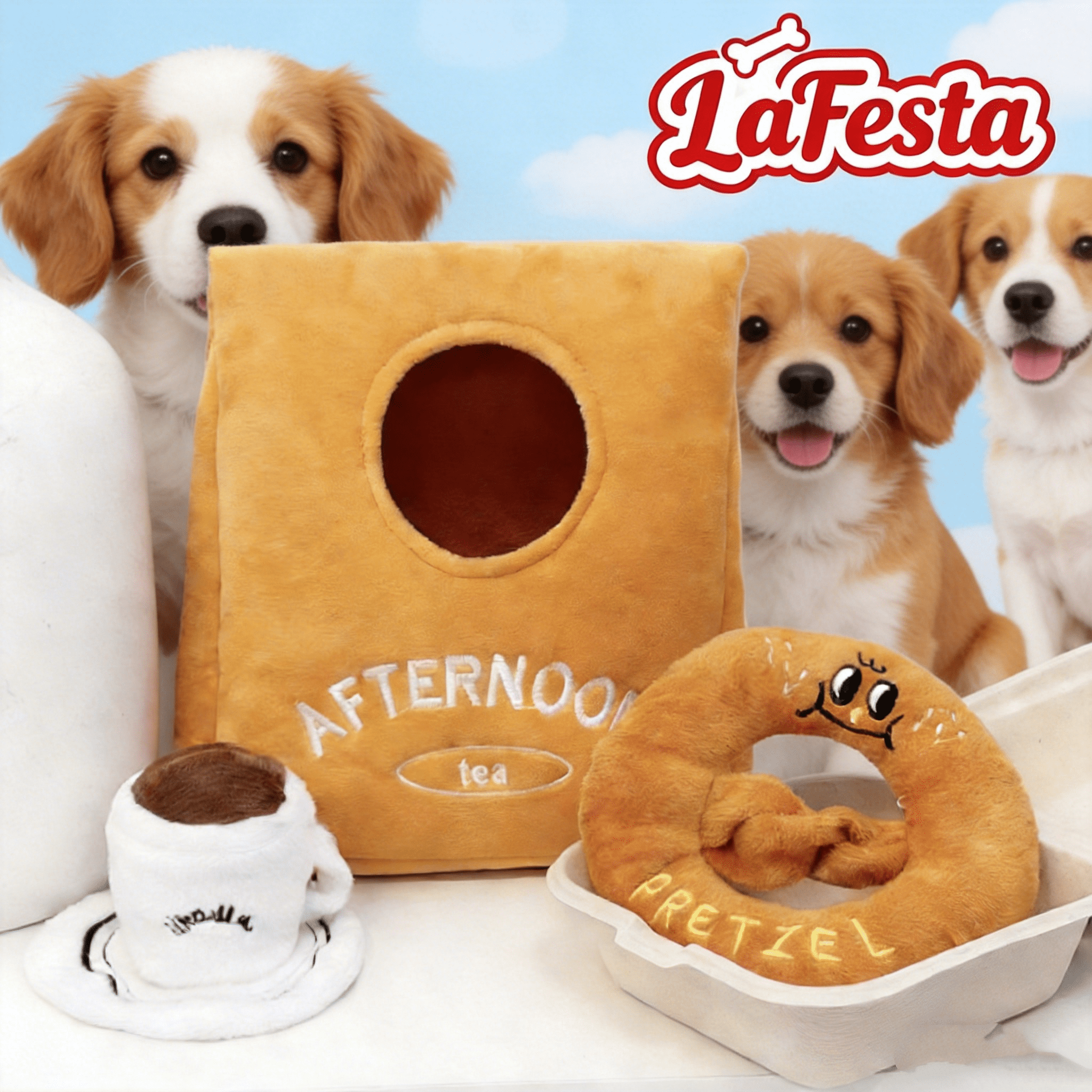 Interactive Snuffle Dog Toy Set, Plush Squeaky Pretzel & Coffee Cup with Hidden Treat Pocket, Mental Stimulation Puzzle Toy for Small to Medium Dogs, Machine Washable