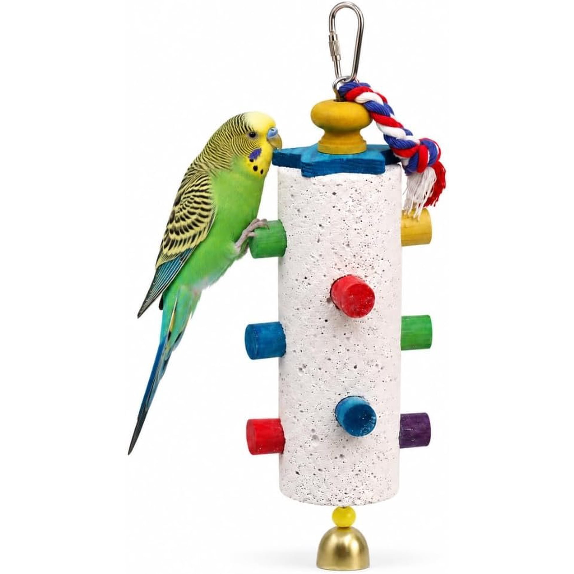 Bird for Small & Medium Birds, Textured Chewing Stone with Colorful Wooden Pegs, Rope & , Bird Cage Accessories for Parakeets and Cockatiels