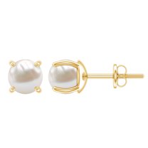 Rosec Jewels White Pearl Stud Earrings for Mom - Solitaire Earrings for Women - 6 mm, 14K Yellow Gold