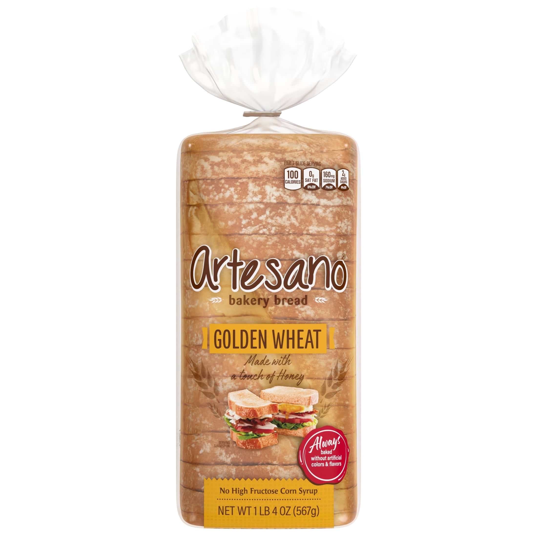 Artesano Golden Wheat Bakery Bread, 20 oz, Whole Wheat Pre-sliced Wheat Bread, Bag