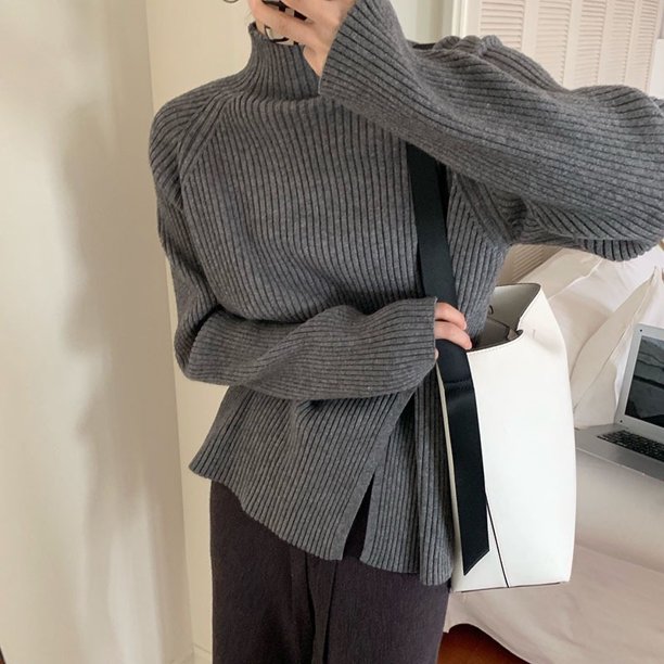Suéter de cuello alto estilo coreano para mujer, suéter de punto interior dividido retro con diseño de manga larga para otoño e invierno