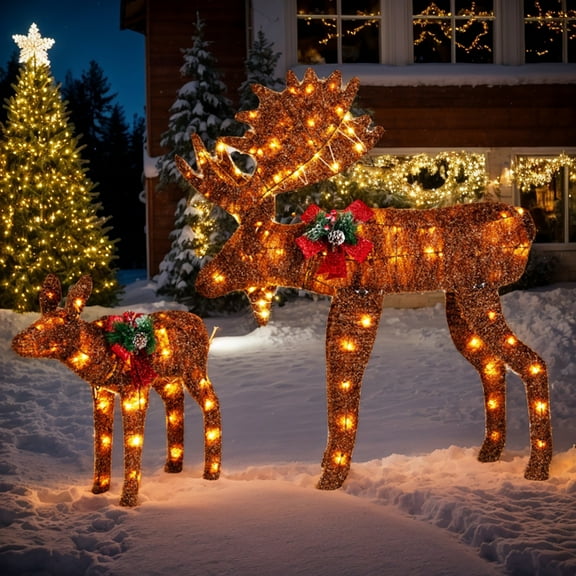Resenkos 2-Piece Lit Animated Moose Christmas Decoration with 50 LED Lights, Brown