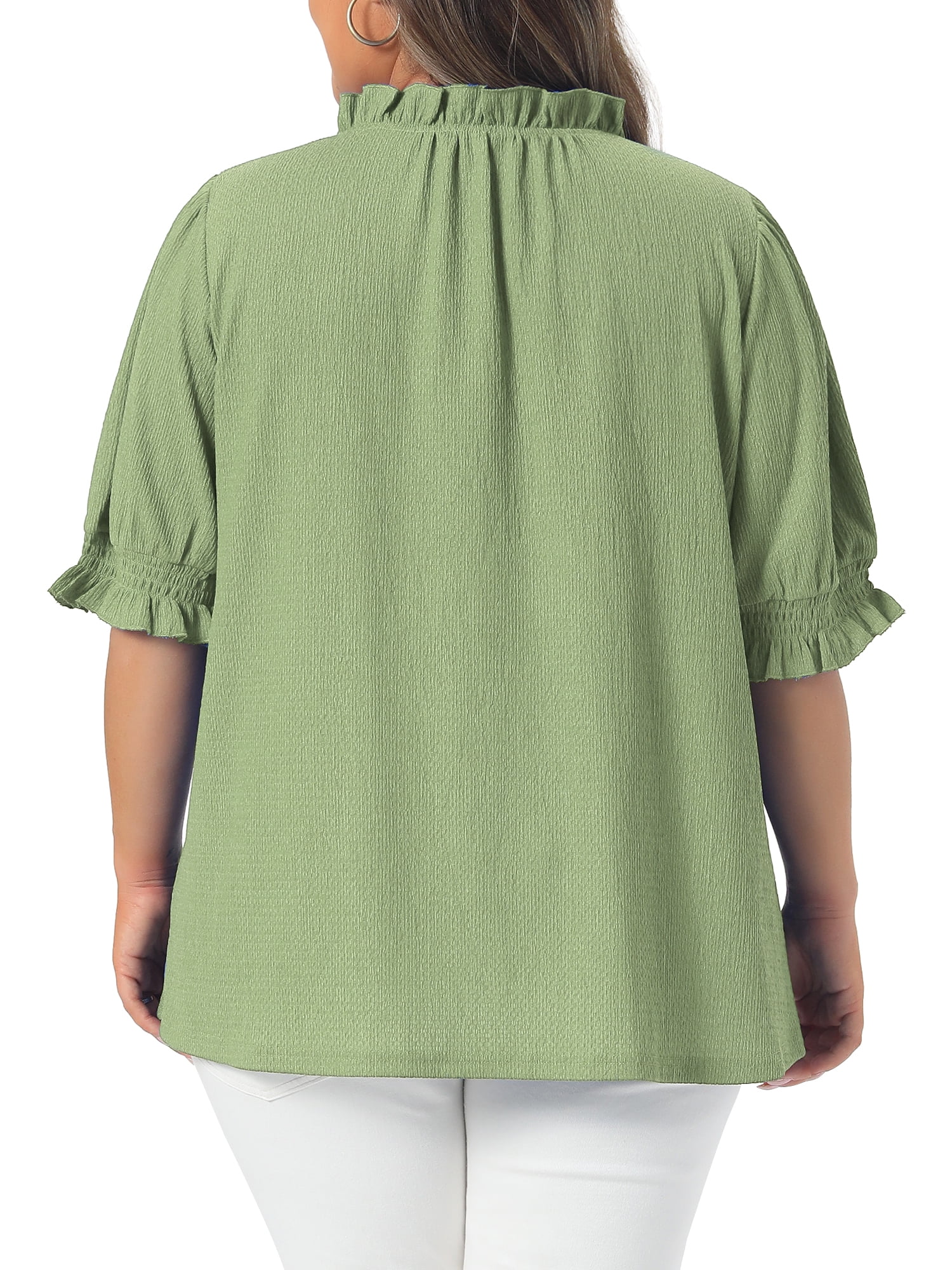 DARING DIVA Women's Plus Ruffled Trim V Neck Puff Sleeve Top 2X Green