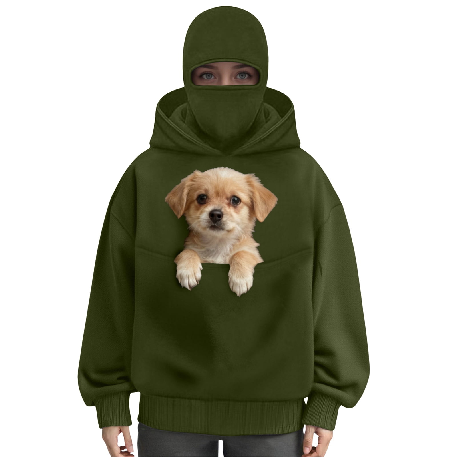 idosla Balaclava Ninja Hoodie with Built In Balaclava Unisex Women Long Sleeved Warm Pet Pocket and Winter Streetwear Sportswear Hoodies (Army Green, S)