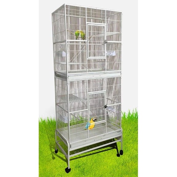 74" Large Double Separate Stacker Wrought Iron Bird Flight Parrot Breeding Breeder Cage Double Feeder Cups Side Nesting Box Door Easy Clean Pull Out Grate & Tray With Detachable Rolling Stand