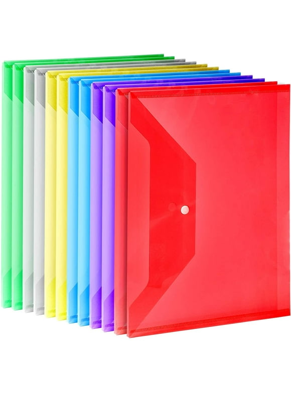 12 Pack Plastic Envelopes Poly Envelopes, LEOBRO A4 Clear File Bags Document Folders Document Organizers with Snap Button for Document Stationery Tools Organization, in 6 Assorted Colors