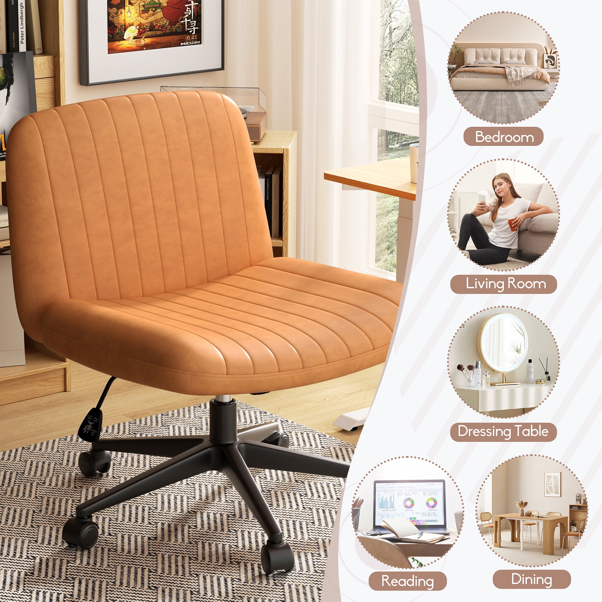 Walsunny Armless Criss Cross Home Office Chair, Fabric Vanity Desk Chair with Wheels, Wide Seat Swivel Task Computer Chair, Orange