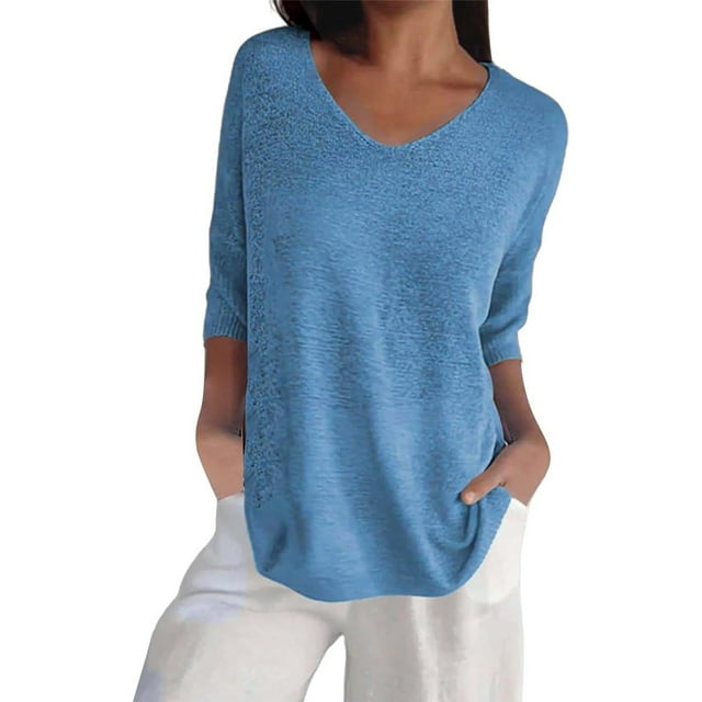 Solid Color Knitted V-Neck Top, V Neck Loose Pullover Knit Sweaters Tops, Plus Size Tshirts for Women