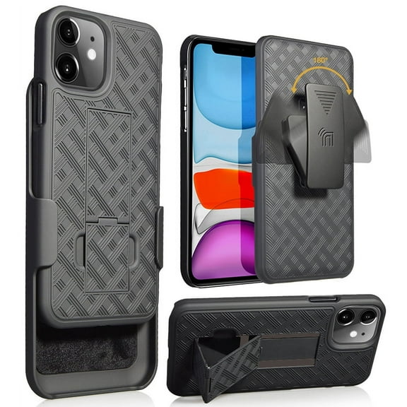 Case with Clip for iPhone 11, Nakedcellphone [Black Tread] Kickstand Cover with [Rotating/Ratchet] Belt Hip Holster Holder Combo for Apple iPhone 11 (2019, 6.1" Model)