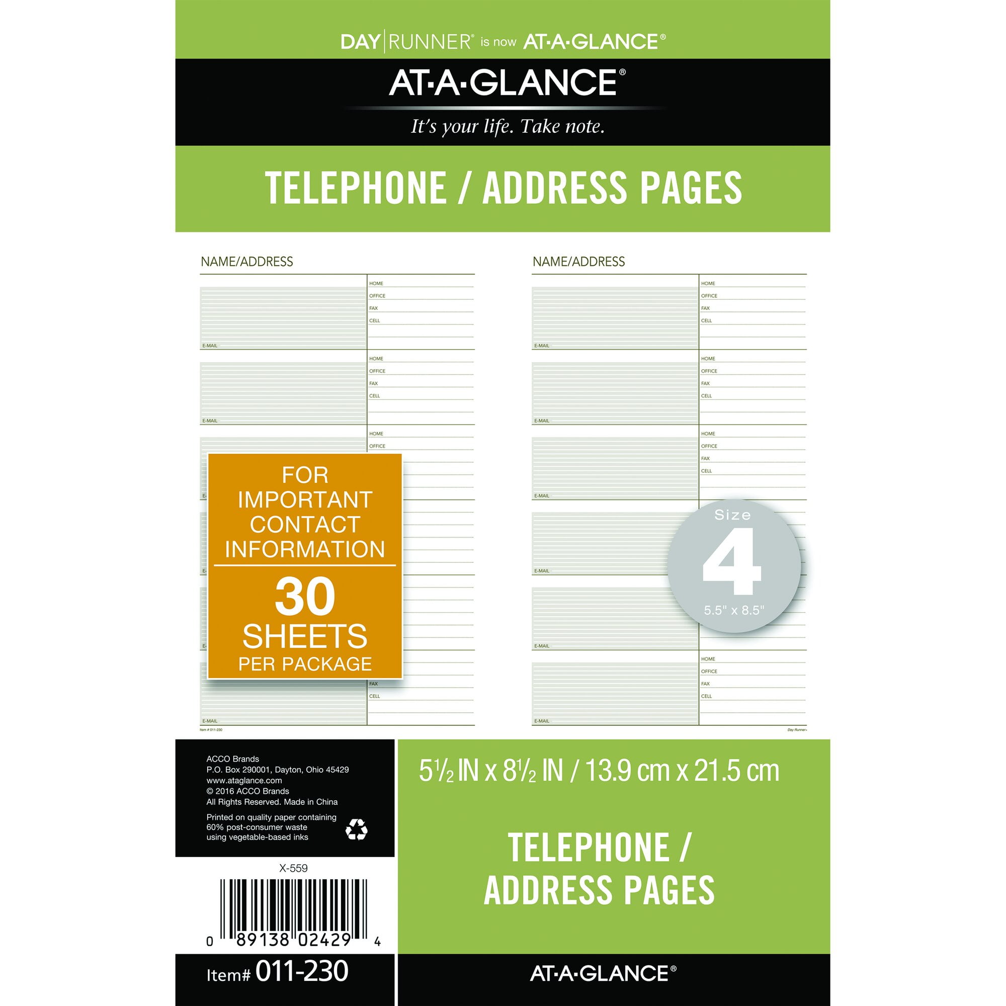 AT-A-GLANCE Day Runner Telephone and Address Pages Refill Loose-Leaf 013-230 