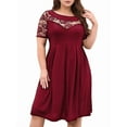 thumbnail image 2 of Robe Midi Grande Taille en Dentelle Mousseline Portefeuille à Col Rond pour Femme, Cocktail, Invitée de Mariage, Rouge Vin, TTG, 2 of 9