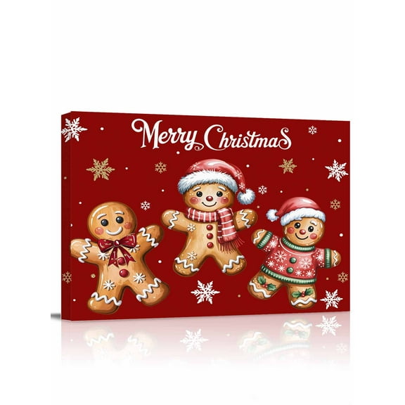 Merry Christmas Canvas Print Wall Art Xmas Funny Gingerbread Man White Gold Winter Snowflakes Red Pictures Painting Morden Artwork for Living Room Bedroom, Ready to Hang - 12"x16"