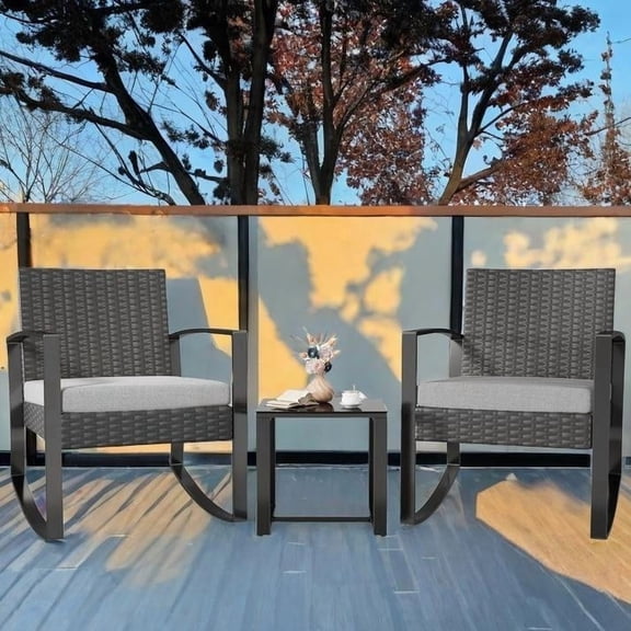 Lofka 3-Piece Patio Furniture Set, Outdoor Rocking Chairs with Thickened Cushions and Coffee Table for Garden, Balcony, Camping, Gray