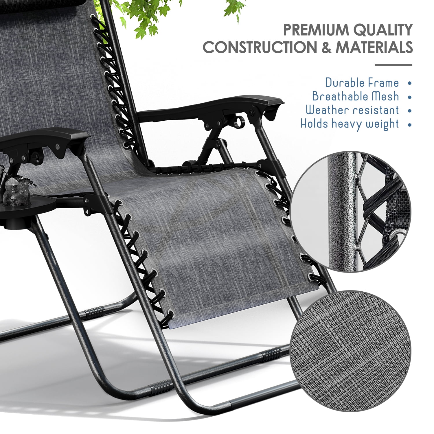 LammaLoe Zero Gravity Chair Set of 2, Outdoor Lounge Chairs with Cup Holder, Gray