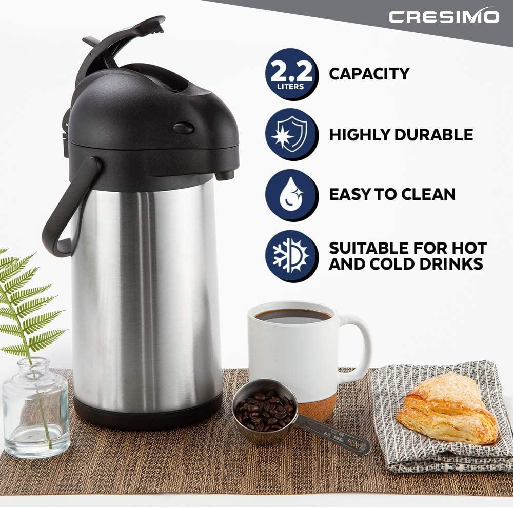 CECOMINOD079915 Cresimo 68 Oz Stainless Steel Thermal Coffee Carafe /  Double Walled Vacuum Flask / 12 Hour Heat Retention / 2 Liter Tea, Water