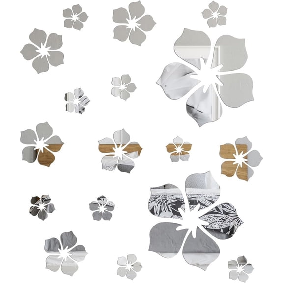 MOAMUN 18 Pcs Acrylic Mirror Floral Wall Stickers, Self Adhesive Removable Wall Decal Mirror Set, Silver 3D Flower DIY Art Wall Decoration for Bedroom Home Living Room Sofa TV Background Decor