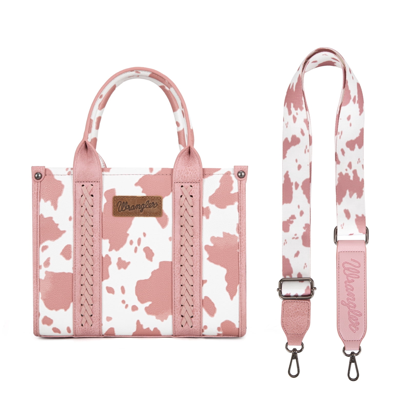 Wrangler Cow Print Tote Bag for Women Western Purse Boho Top Handle Satchel Handbag with Signature Strap, Cow-Light Pink