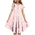 thumbnail image 2 of Cethrio Girls Casual Dresses, Crewneck Ruffled Short Sleeve Floral Print Summer Dress Pink Size 5-6T, 2 of 6