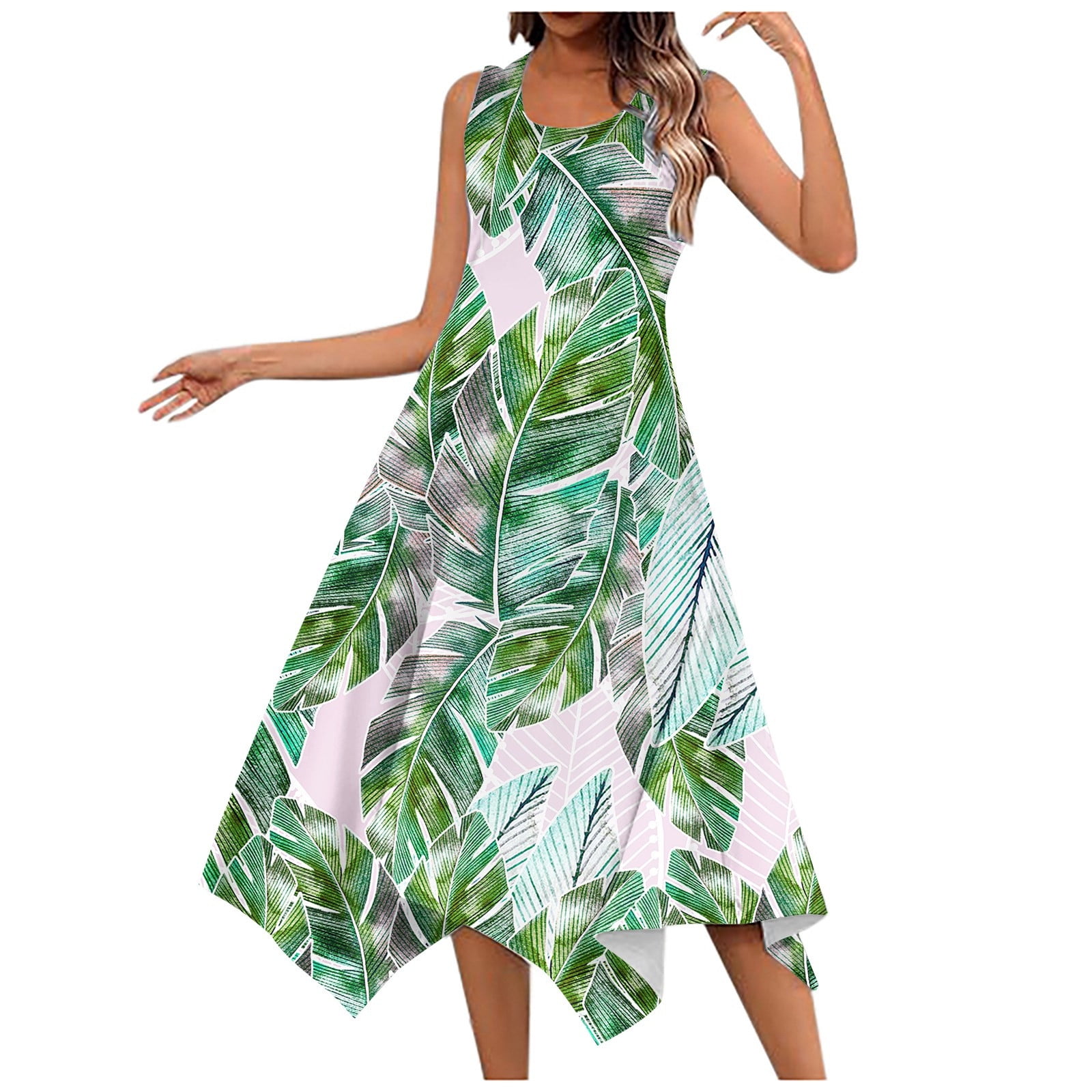 Womens Dress Womens Simple Short Sleeve T Shirt Dress Women s Fashion Spring and Summer Retro Irregular Hem Round Neck Adult Female Clothes Green Size