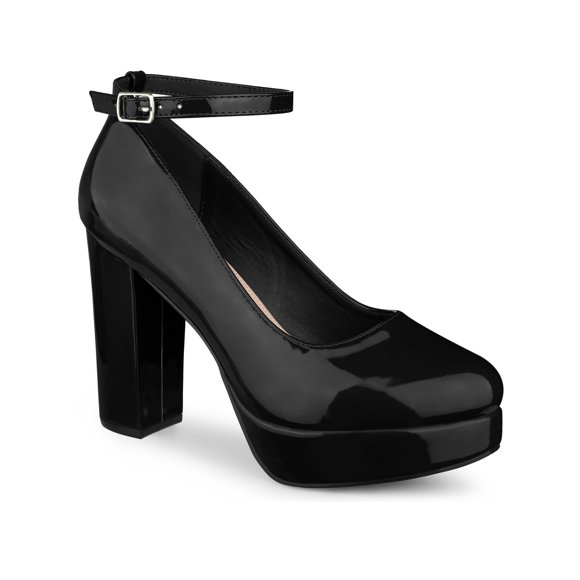 BLISSFUL STEP Women's Block Heel Pumps Platform Ankle Strap Round Toe Heel Black 10