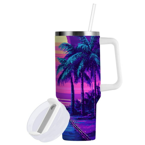 Yayeee 40oz Stainless Steel Tumbler with Straw and Handle Double-Wall Insulated Travel Water Bottle, Purple Digital Art