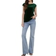 thumbnail image 2 of Blusa de terciopelo INSPIRE CHIC para mujer, con mangas cortas, básica, de cuello redondo, para oficina y casual, talla XS, verde oscuro, 2 of 6
