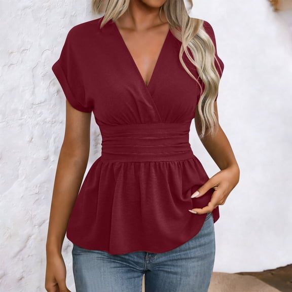 Puntoco Wrap V Neck Peplum Blouses for Women Short Sleeve Smocked Waist Shirts Summer Fashion Dressy Going Out Tops