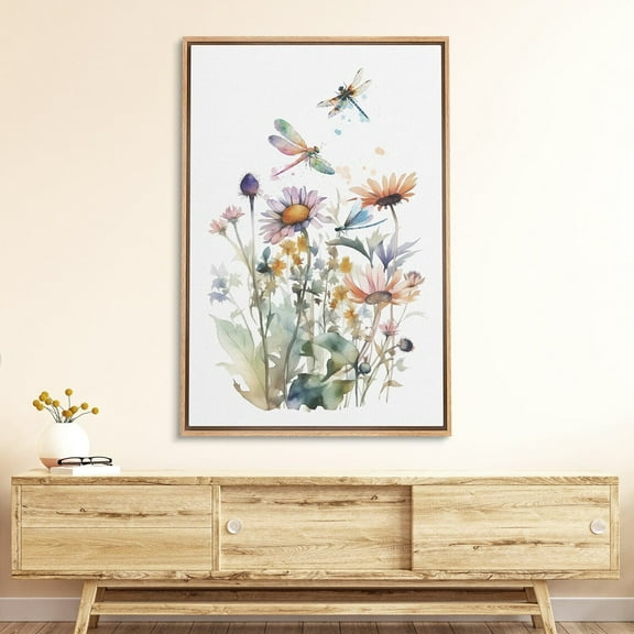 IDEA4WALL Framed Canvas Print Wall Art Set Dragonfly & Wildflowers Illustration Modern Art Country Decorative Graphic Colorful Nature Artwork for Living Room, Bedroom, Office - Natural 24"x36"