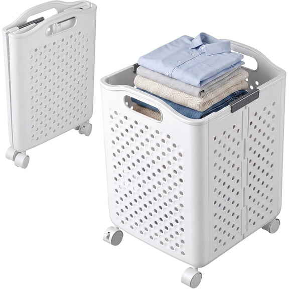  Rolling Laundry Basket with Wheels, 60L Foldable Hamper, Durable Plastic Clothes Storage Bin featuring Handles, Lockable Casters, Collapsible Utility Organizer for Dorm and Bedroom White(M)
