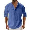 thumbnail image 2 of Cotton Linen Tops for Men Roll-up Long Sleeve Plain Pullover Tee Shirts Chest Pocket Buttons Henley T-shirts (M, Blue), 2 of 4