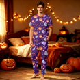 thumbnail image 7 of Family Matching Pajamas, Halloween Pajamas for Family, Halloween Matching Family Pajamas Purple Witch Hat Ghost Pumpkin Print Short Sleeve Set for Fall Festival, Men L, 7 of 7