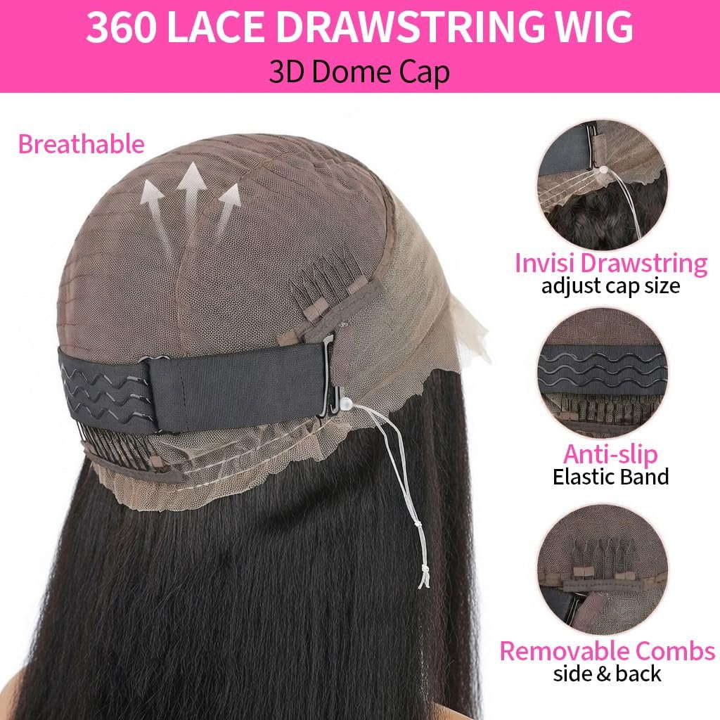 Strap Invisible Drawstring 360 Lace Wig Human Hair Pre Cut Lace Wear and Go Glueless Kinky Straight 200% Density Full Lace Wig 18 Inch