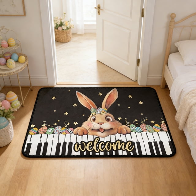 Weloille Easter Rabbit Floor Mat 1 Piece, 1.31 x 1.97 Ft Thickened Area Rug, Soft Non Slip Absorbent Doormat, Washable Welcome Mat for Entryway Door Bathroom Home Decoration