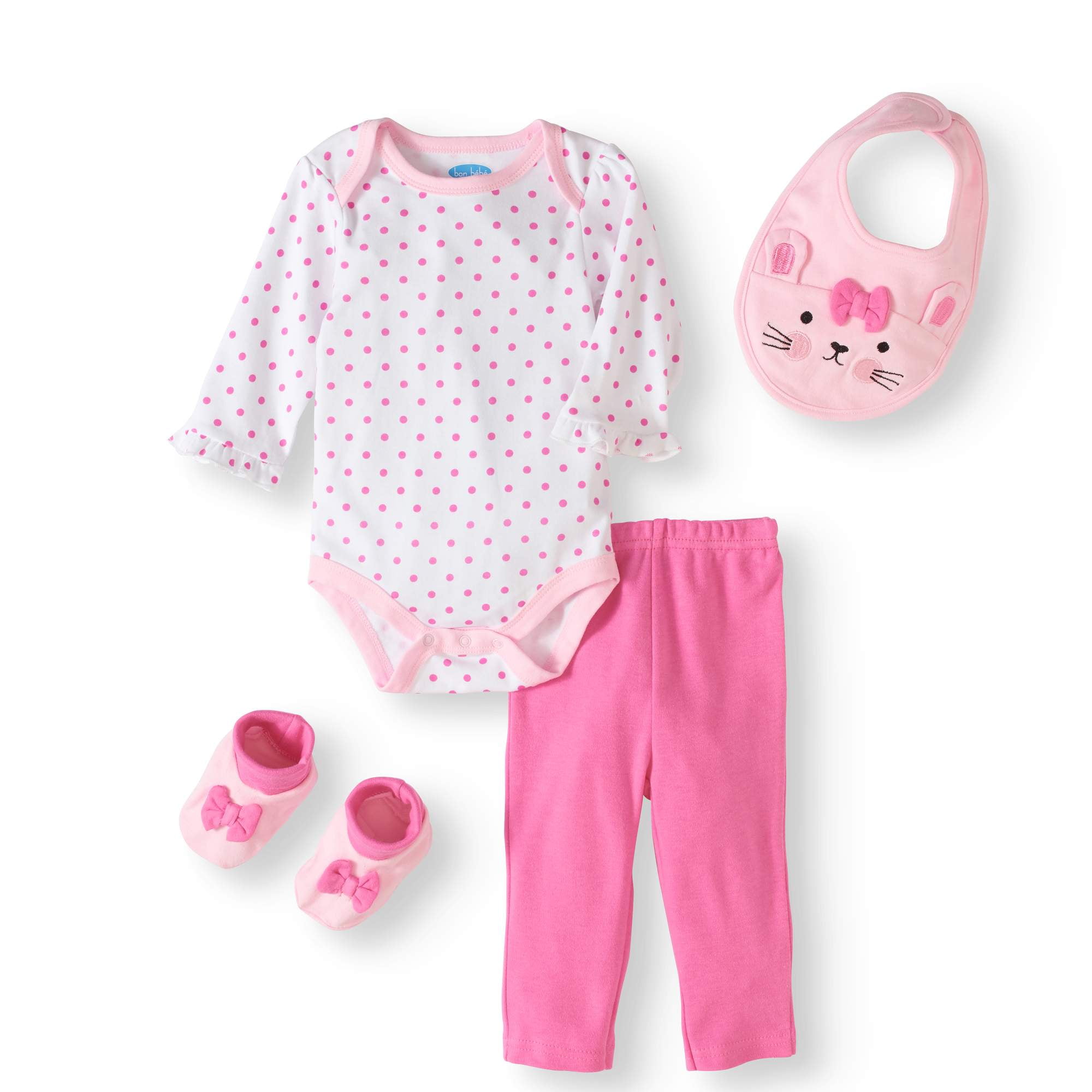 Newborn Baby Girl Bodysuit, Pants, Bib & Booties, 4pc Outfit Set