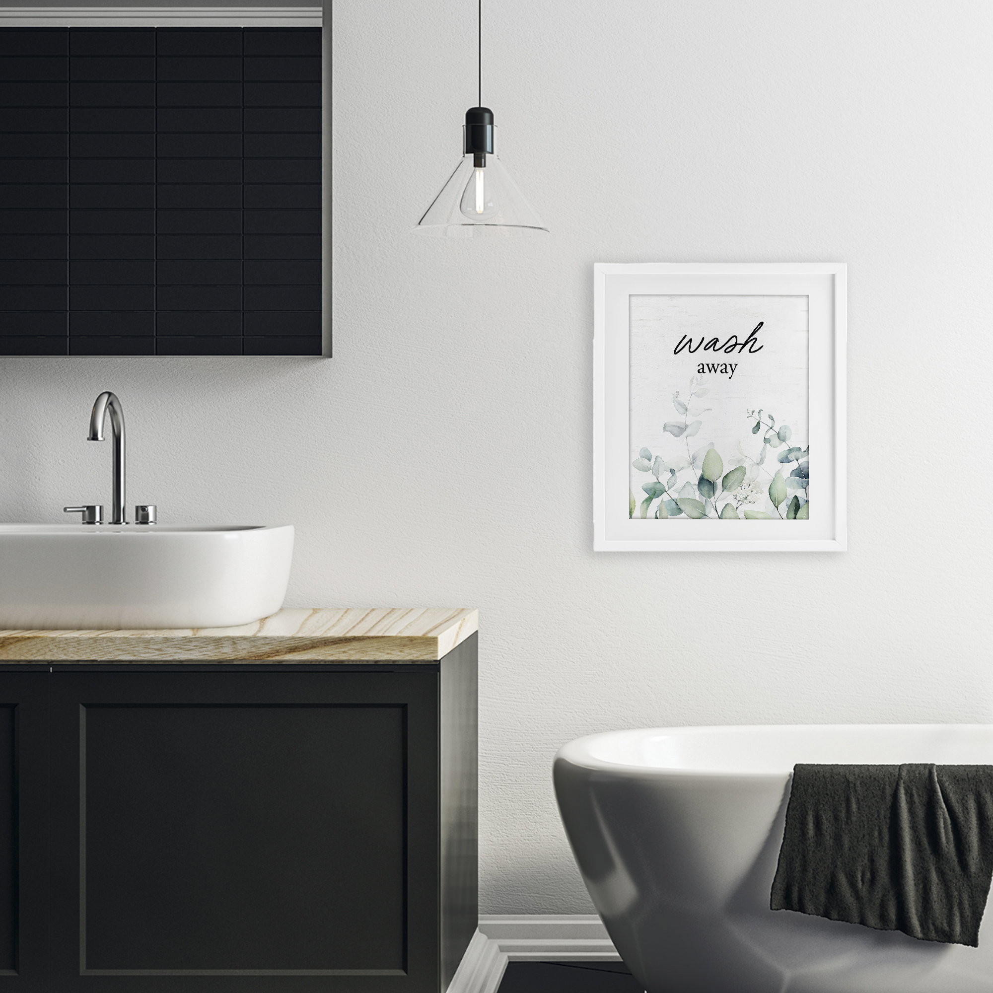 Wash Away Eucalyptus White Framed Print Under Glass, design by Lettered and Lined