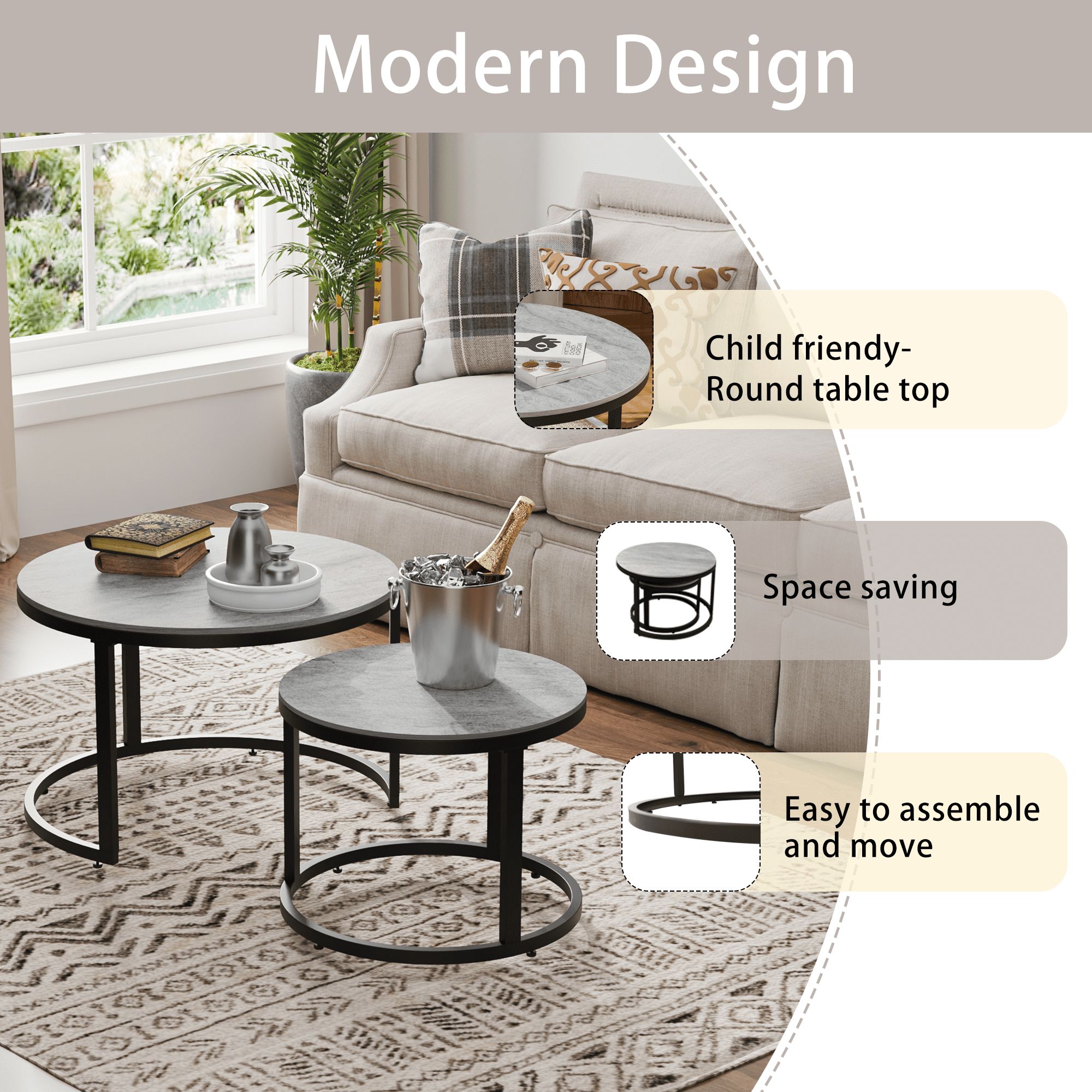 Glory Patio Nesting Coffee Table Set of 2 Pieces, Art Deco, Tempered Glass, Black