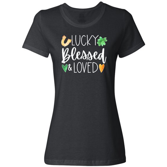 Inktastic Lucky Blessed and Loved Horseshoe Clover Hearts Women's T-Shirt