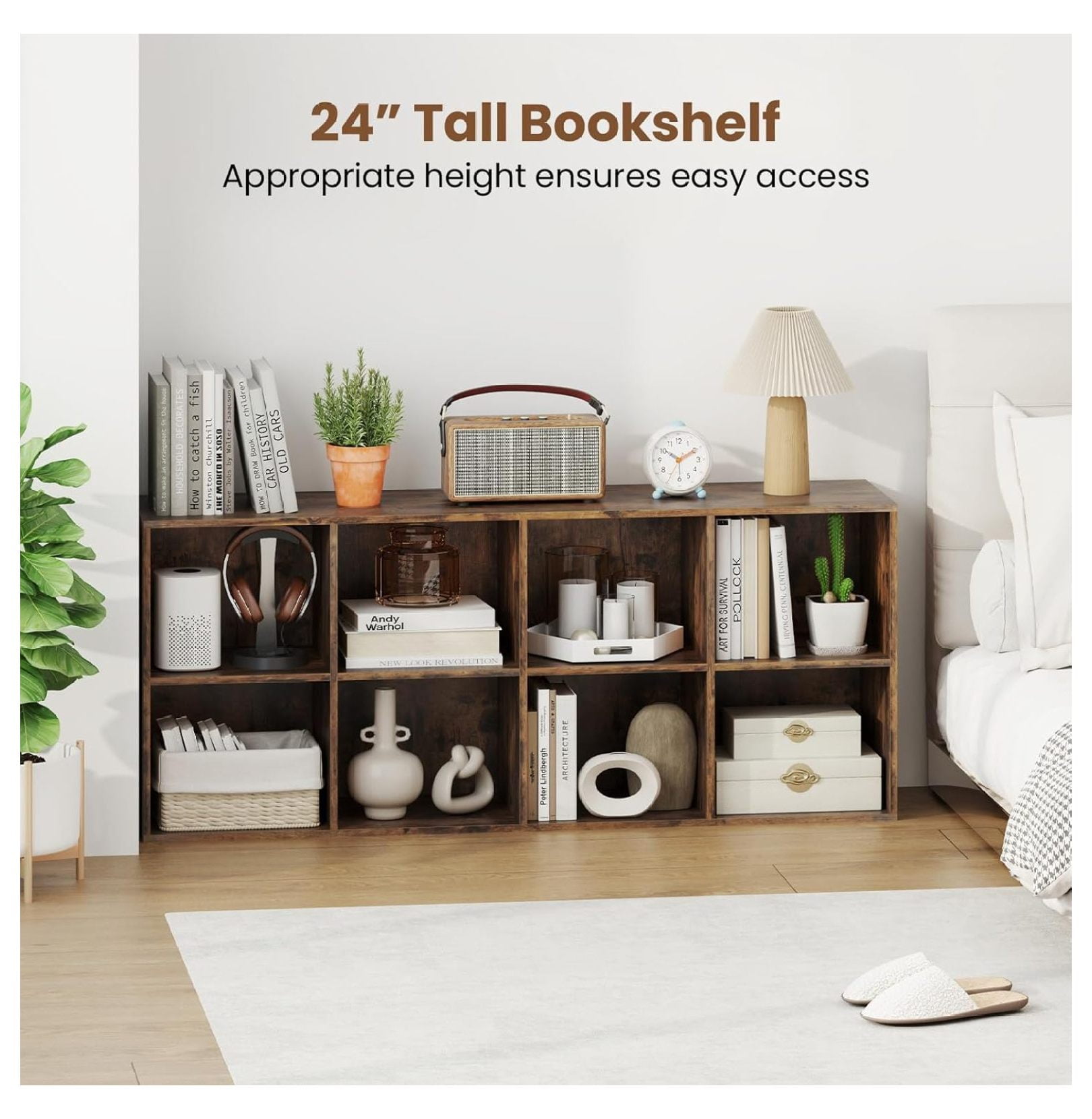 WDZS 8-Cube Bookcase, Floor Standing Bookshelf with Storage & 2 Anti-Tipping Kits, Open Storage Organizer, Cubby Wooden Book Shelf for Living Room, Study & Bedroom, Rustic Brown
