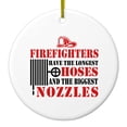 thumbnail image 1 of DistinctInk Hanging Ceramic Christmass Tree Ornament with Gold String - Great Gift / Present - 2 3/4 inch diameter - Firefights Have Longest Hoses and Biggest Nozzles, 1 of 2