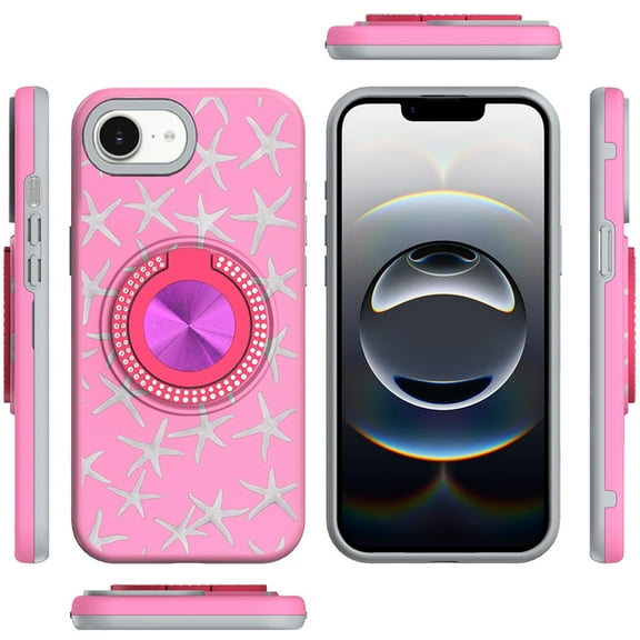 XPM for Apple iPhone 16e Phone Case, Pattern Design Hybrid with Invisible Ring Stand & Magnetic Back, Shockproof Protective Grip Cover for Apple iPhone 16 E (6.1") (Pink Starfish)