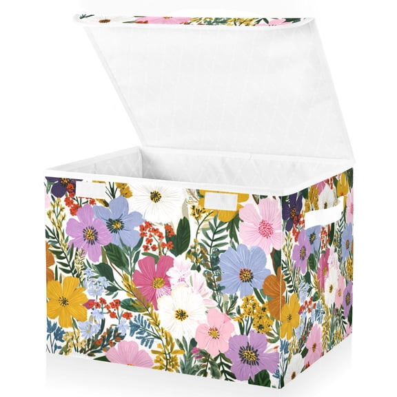 Foldable Fabric Storage Bin With Handle Collapsible Basket Box Storage With Lid Organizer Colorful Hand Drawn Flowers