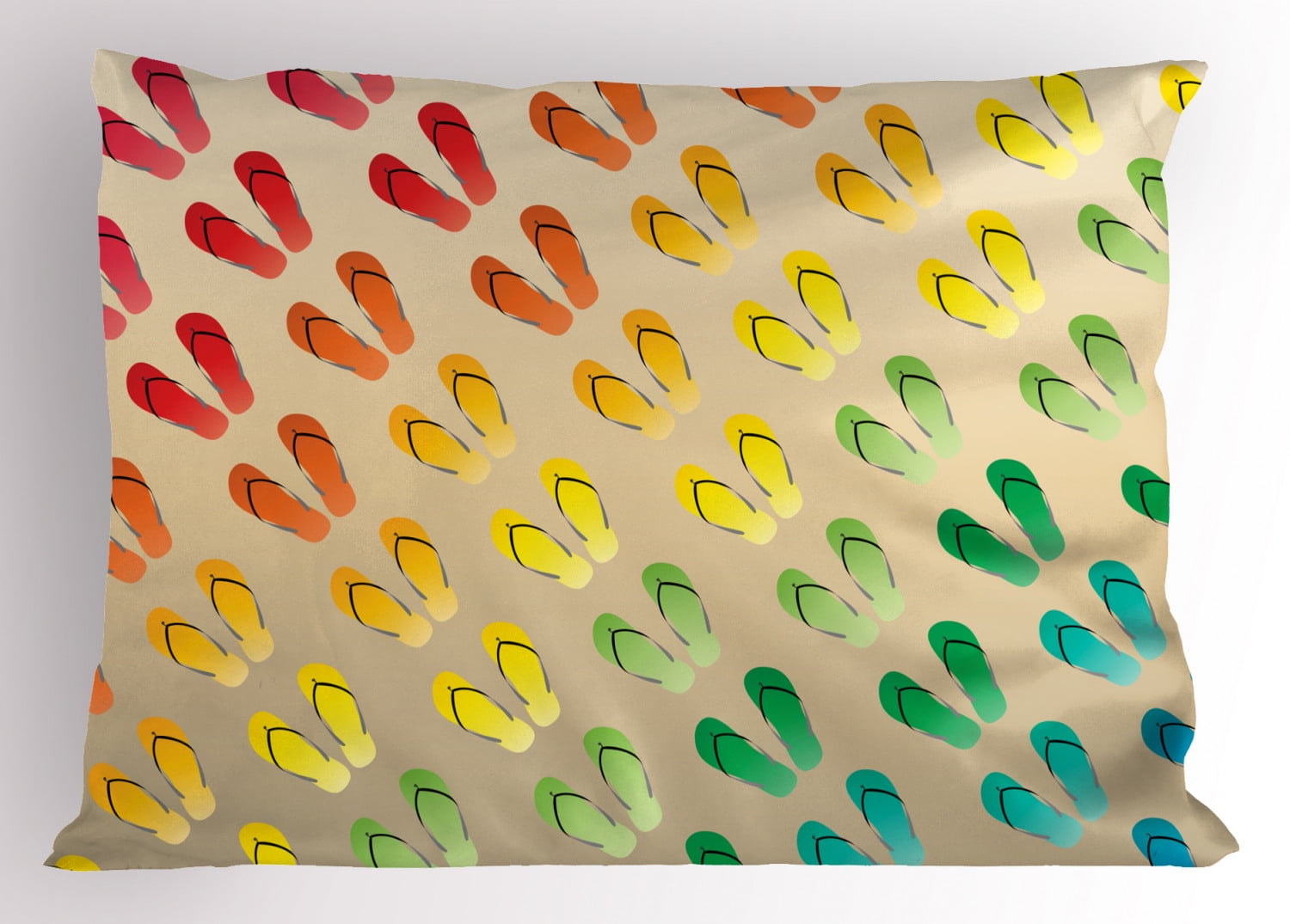 Flip Flop Pillow Sham Pairs of Beach Sandals Aligned in Graded Rainbow
